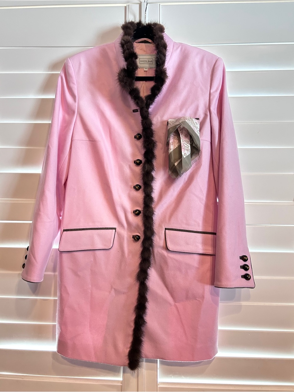 Susanne Spatt Longline Button Front Coat with Fur Detail and Pocket Scarf Pink